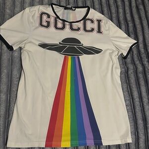 Gucci White T-Shirt with UFO and Rainbow Design